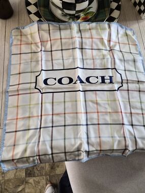 Coach Multicolor Plaid Silk Scarf with Navy Logo